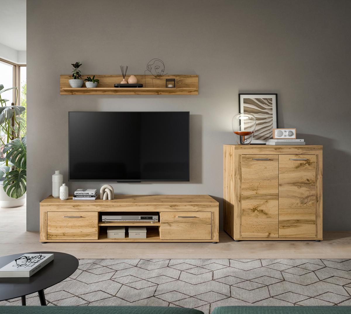Wohnwand Jam 3-Teilig Weiß B: 255 Cm - Eiche Wotan/Schwarz, Design, Holzwerkstoff (255/159/35cm) - MID.YOU