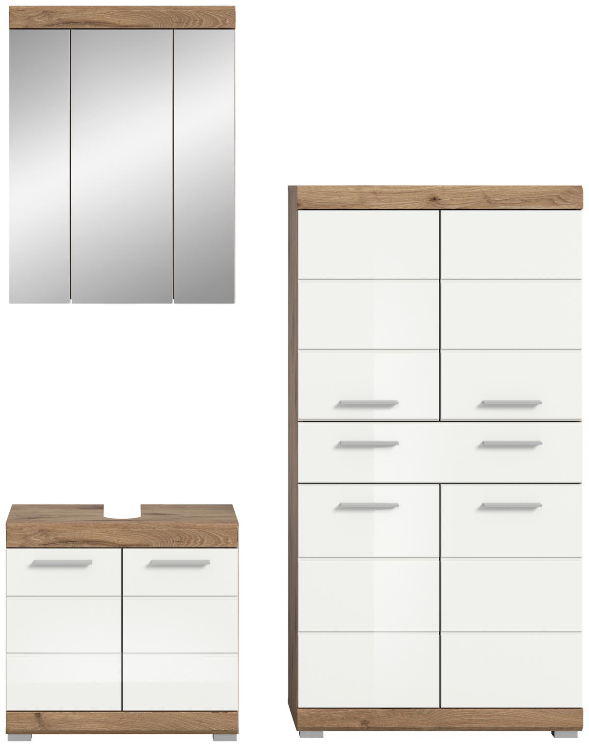 Badezimmer Eichefarben Dekor Weiß Hg - Weiß Hochglanz/Eichefarben, MODERN, Glas/Holzwerkstoff (134cm) - MID.YOU