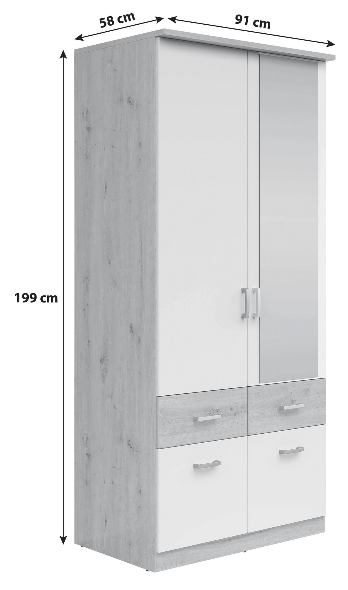 Drehtürenschrank Mit Laden 91cm Brando, Weiß/eiche Dekor - Silberfarben/Weiß, KONVENTIONELL, Holzwerkstoff (91/199/58cm)