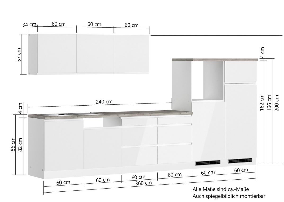 Küchenzeile Monza Ohne Geräte B: 360 Cm Weiß/grau - Weiß Hochglanz/Weiß, LIFESTYLE, Holzwerkstoff (360cm) - Held