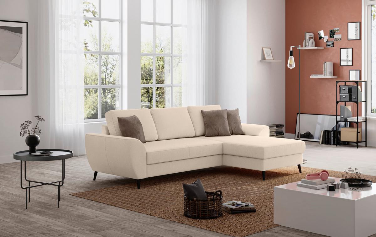 Ecksofa mit Bettfunktion Terra Chenille natur, B: 255cm - Schwarz/Naturfarben, Trend, Textil (255/154cm) - MID.YOU