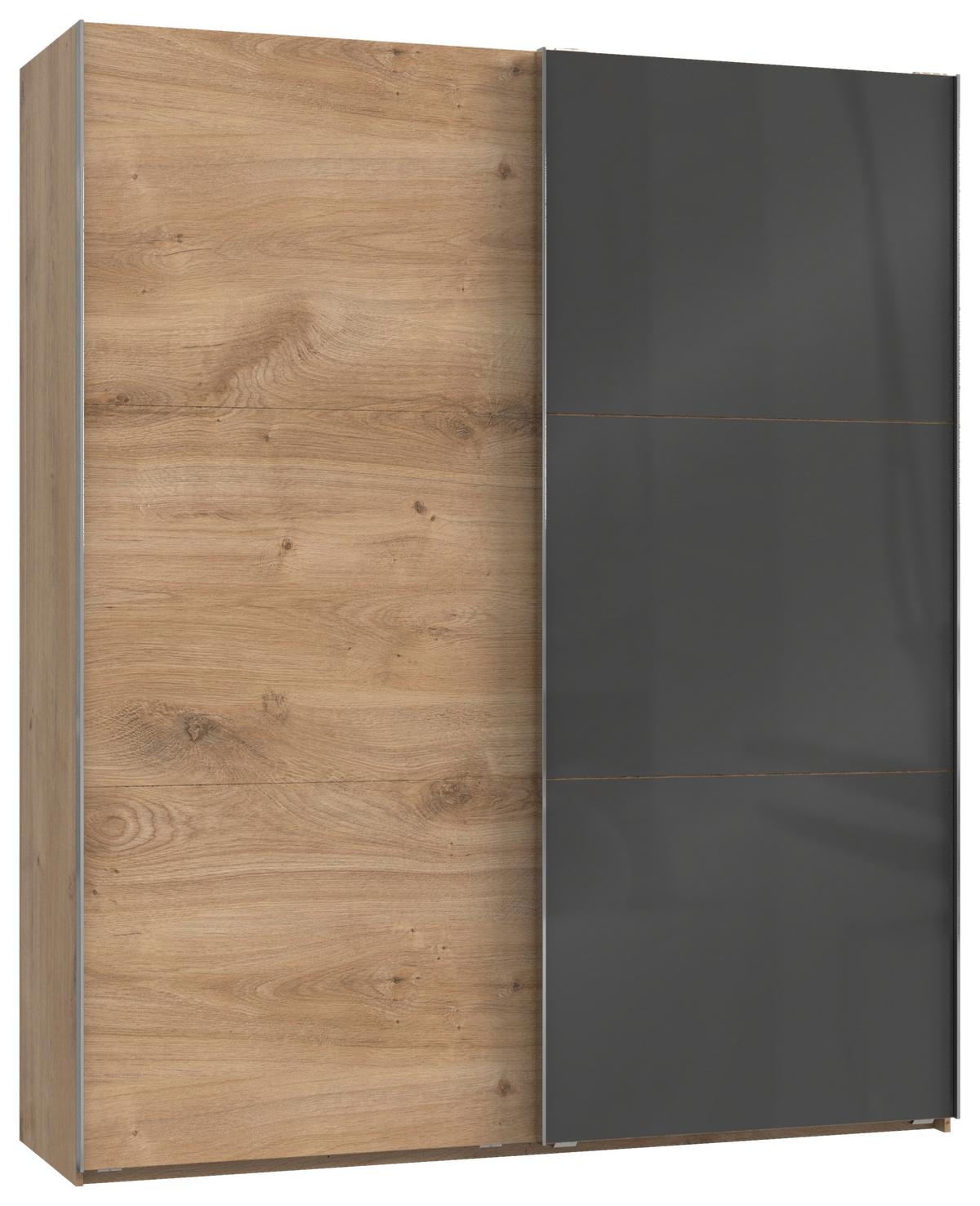 Schwebetürenschrank zweitürig mit eichefarbenen und grauen Oberflächen