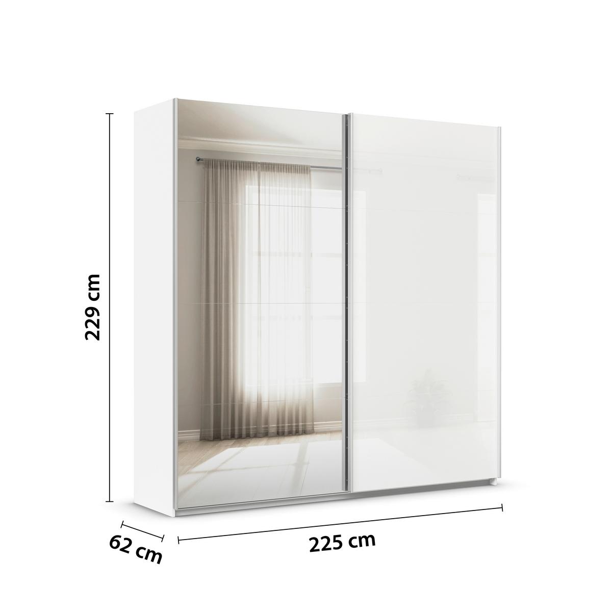 Tolóajtós Szekrény Feldkirch 225/229/62cm - ezüst/magasfényű fehér, Modern, faalapú anyag/Üveg (225/229/62cm)