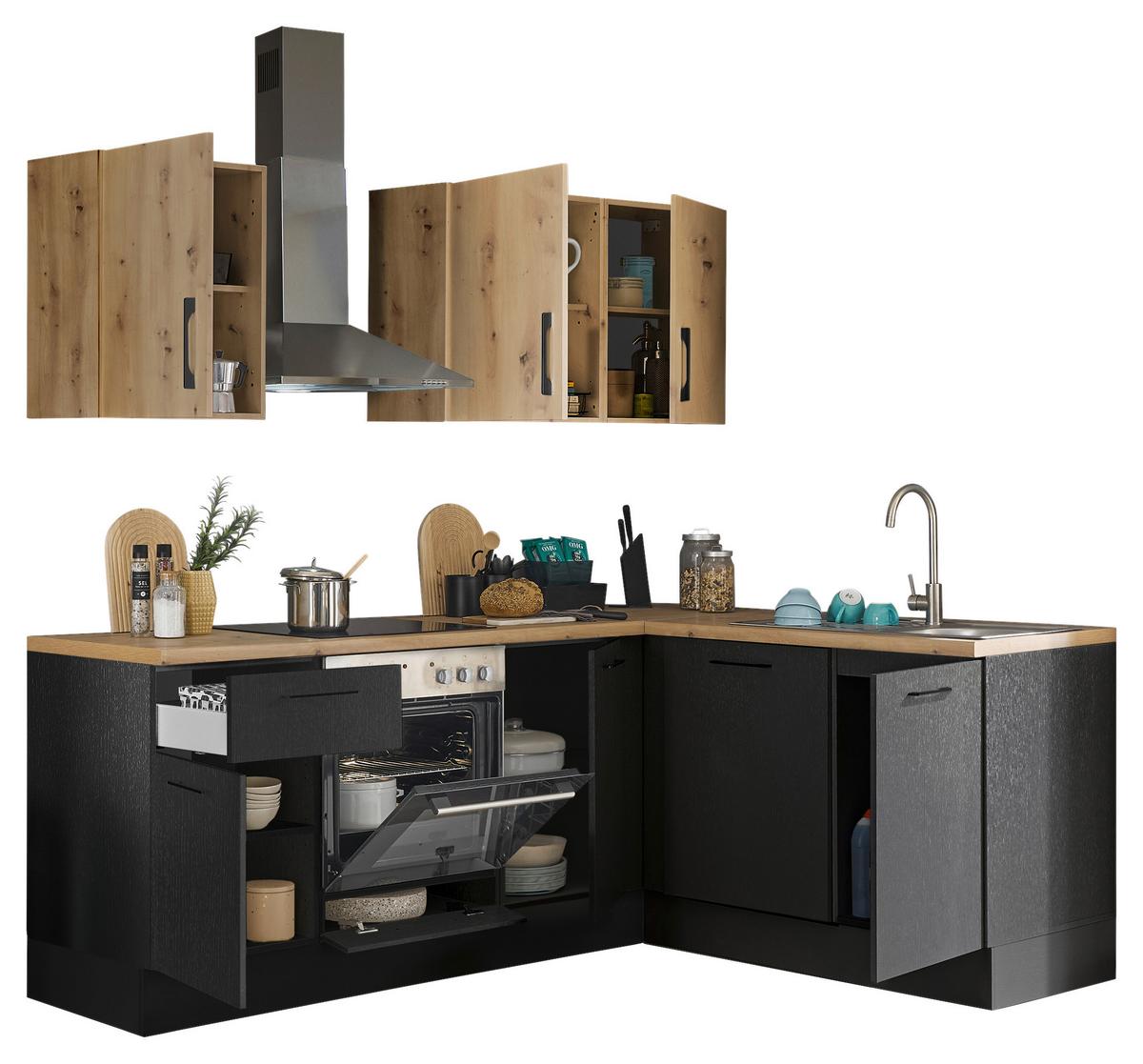 Eckküche Turin Schwarz/Eiche Dekor 220x175 cm - Schwarz/Eiche Artisan, Basics, Holzwerkstoff (220/175cm) - MID.YOU