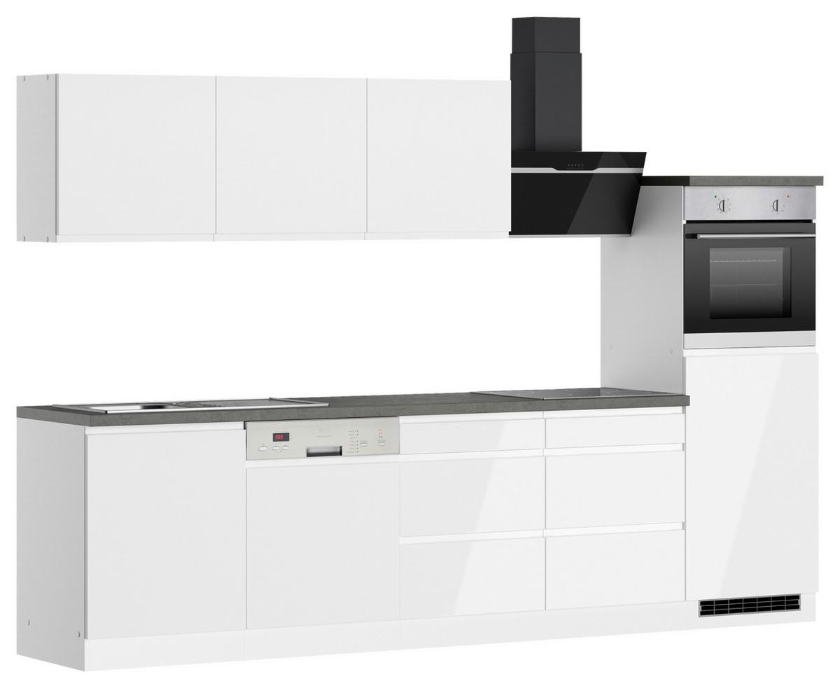 Küchenzeile Monza mit Geräten B: 300 cm Weiß/Grau + Spüle - Weiß Hochglanz/Weiß, LIFESTYLE, Holzwerkstoff (300cm) - Held
