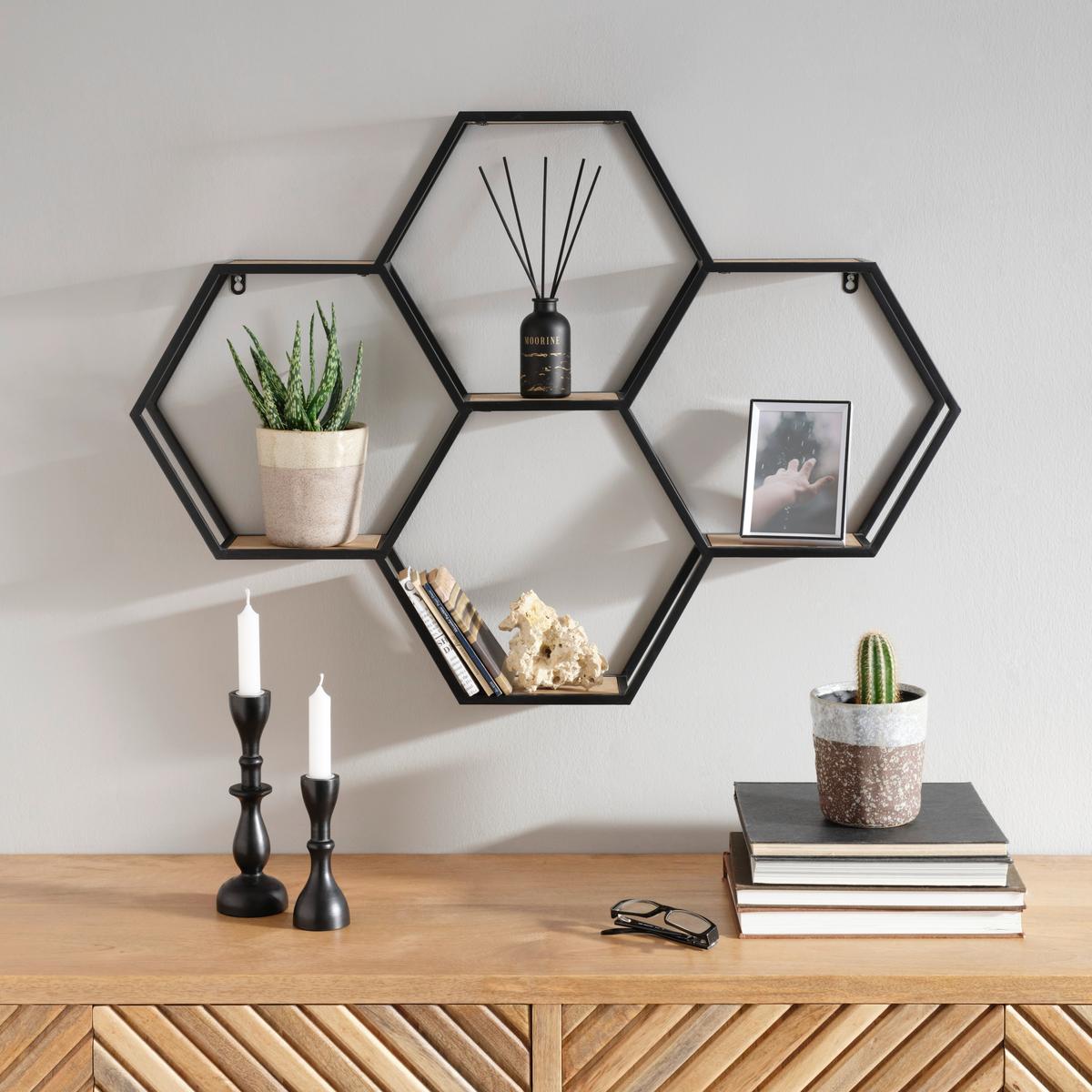 Nástěnný regál černá kov - černá/přírodní barvy, Lifestyle, kov/dřevo (88/63/12cm) - Premium Living