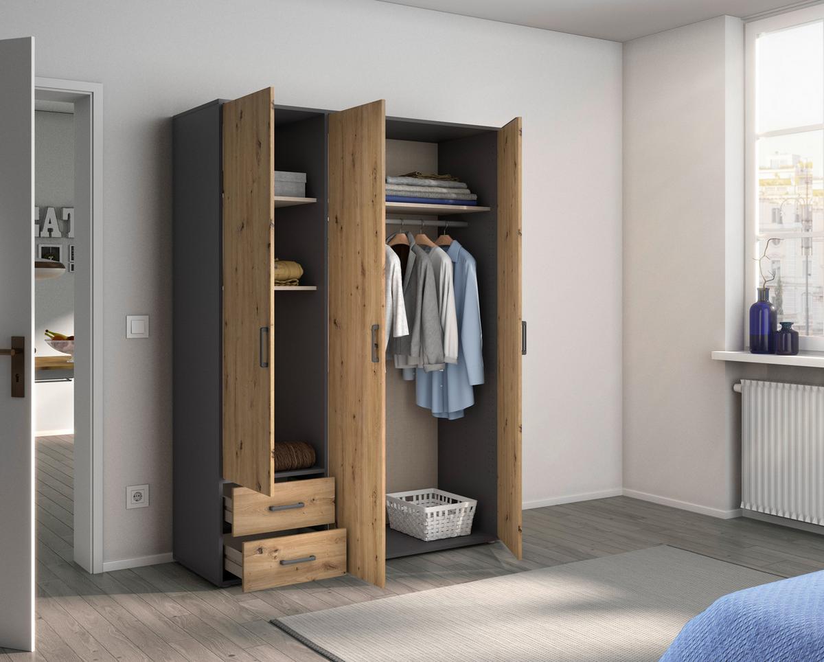 Drehtürenschrank Voyager Grau,eiche Artisan 140 Cm - Eiche Artisan/Grau, MODERN, Holzwerkstoff (140/194/53cm) - Rauch Möbel