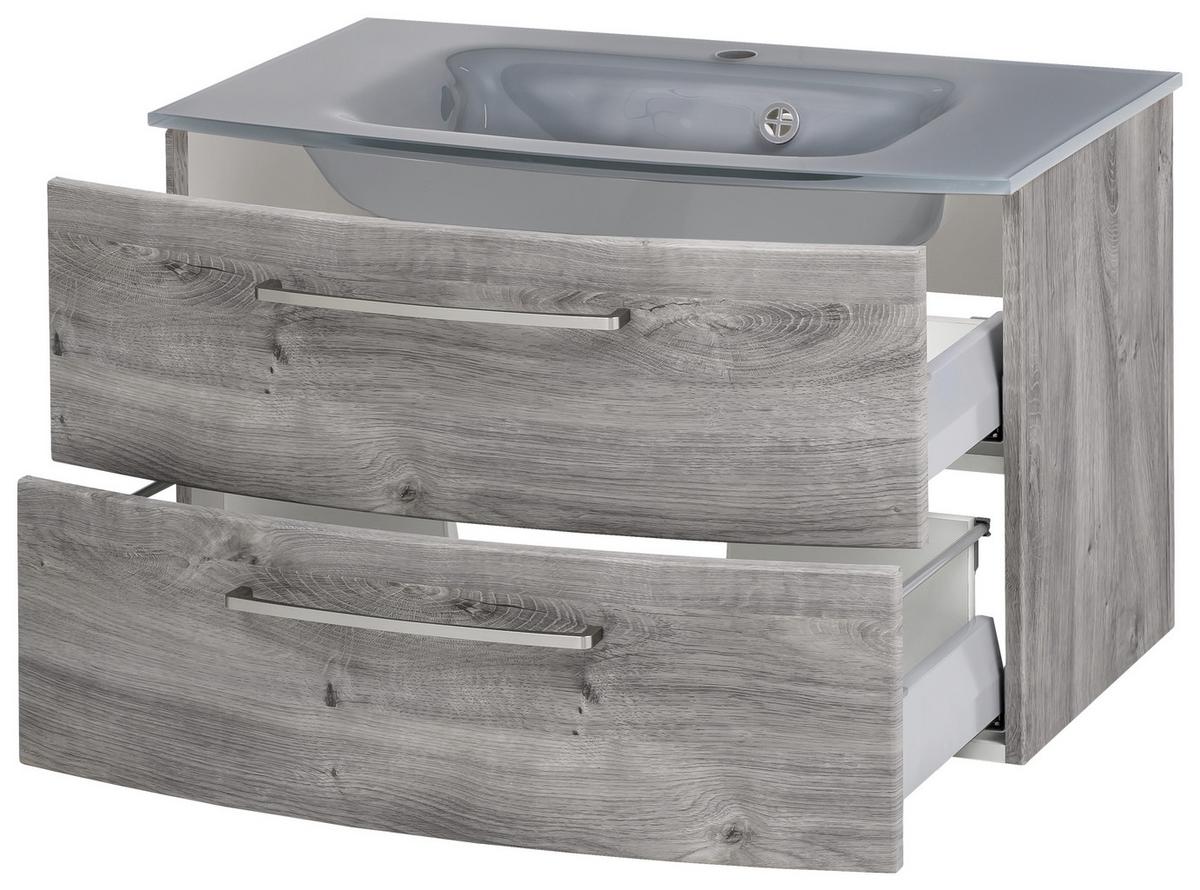 Waschbecken mit Unterschrank Stockholm B: 80cm, Grau Dekor - Eichefarben/Grau, KONVENTIONELL, Glas/Holzwerkstoff (80cm) - Held