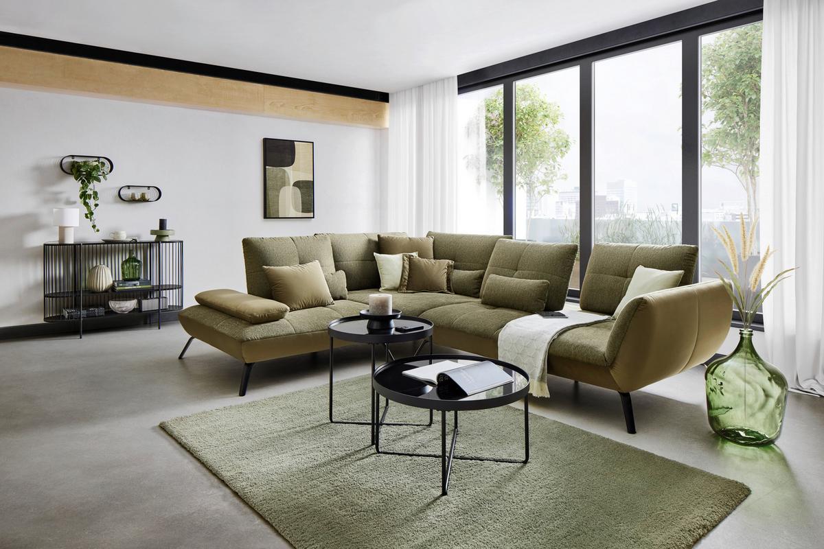 TRENDY, levá, olivově zelená s 3 bederními polštáři - černá/olivově zelená, Moderní, kov/kompozitní dřevo (250/93/310cm) - Premium Living
