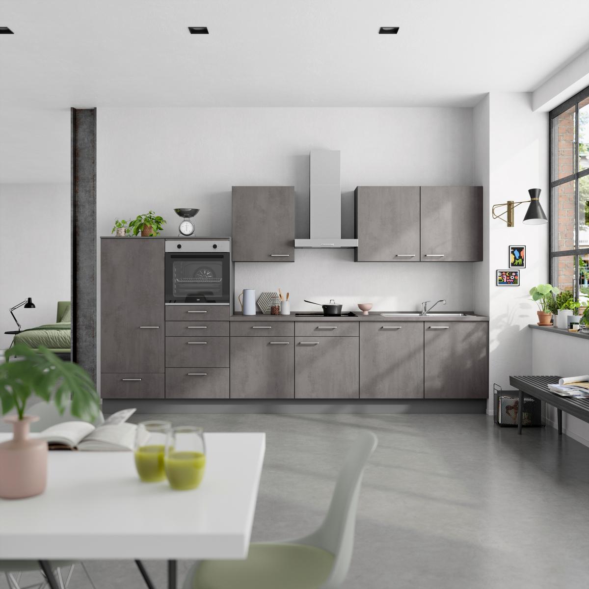 Kuchynská linka 360 cm, bridlicový šedý beton - farba ušľachtilej ocele/bridlicová, Modern, kov/kompozitné drevo (360cm) - Nobilia