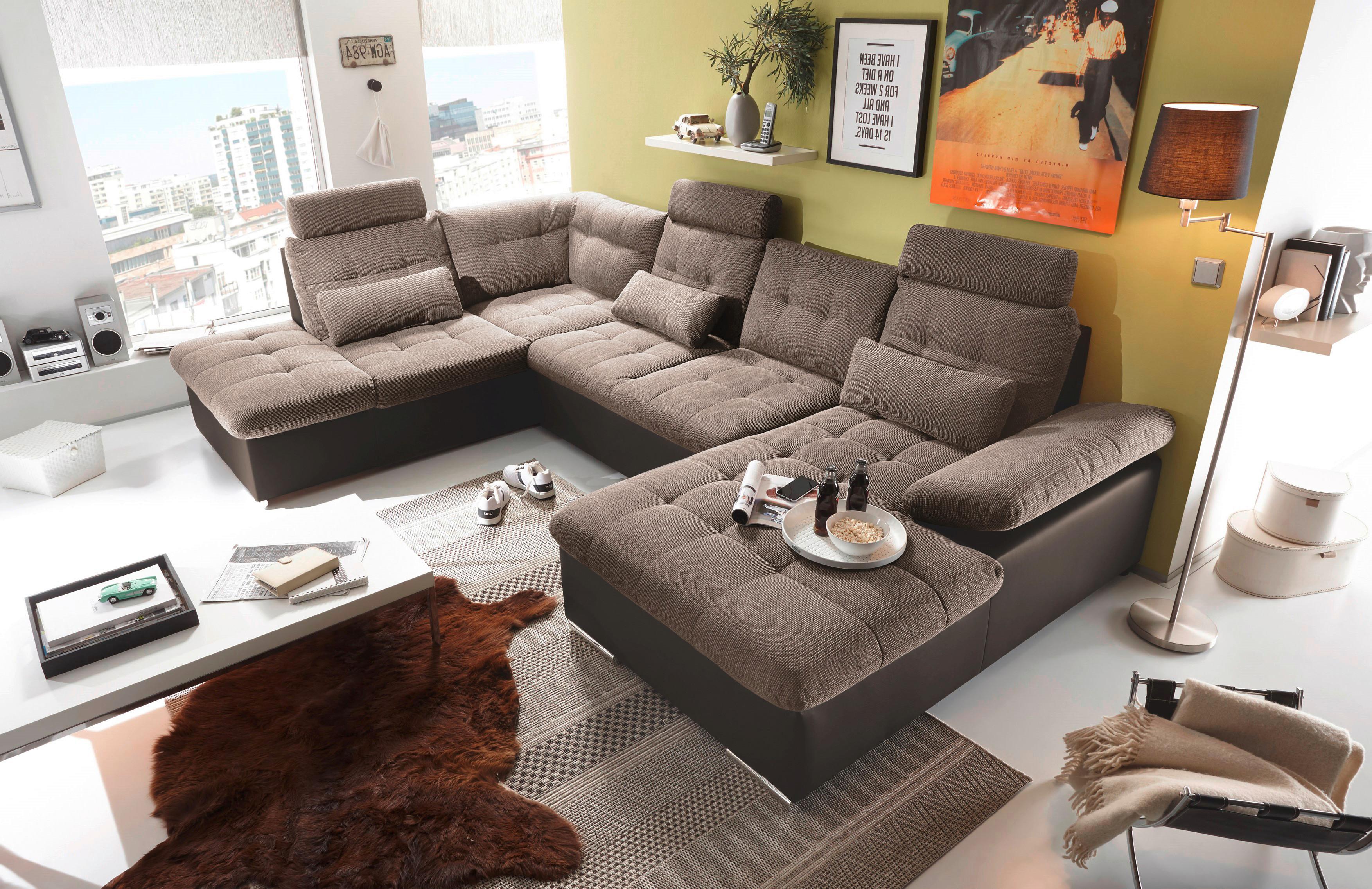 Wohnlandschaft Jakarta U mit Schlaffunktion Braun - Hellbraun/Dunkelbraun, MODERN, Holzwerkstoff/Textil (218/324/170cm) - MID.YOU