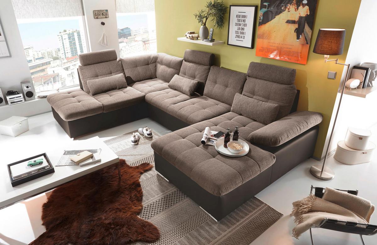 Wohnlandschaft Jakarta U mit Schlaffunktion Braun - Hellbraun/Dunkelbraun, MODERN, Holzwerkstoff/Textil (218/324/170cm) - MID.YOU