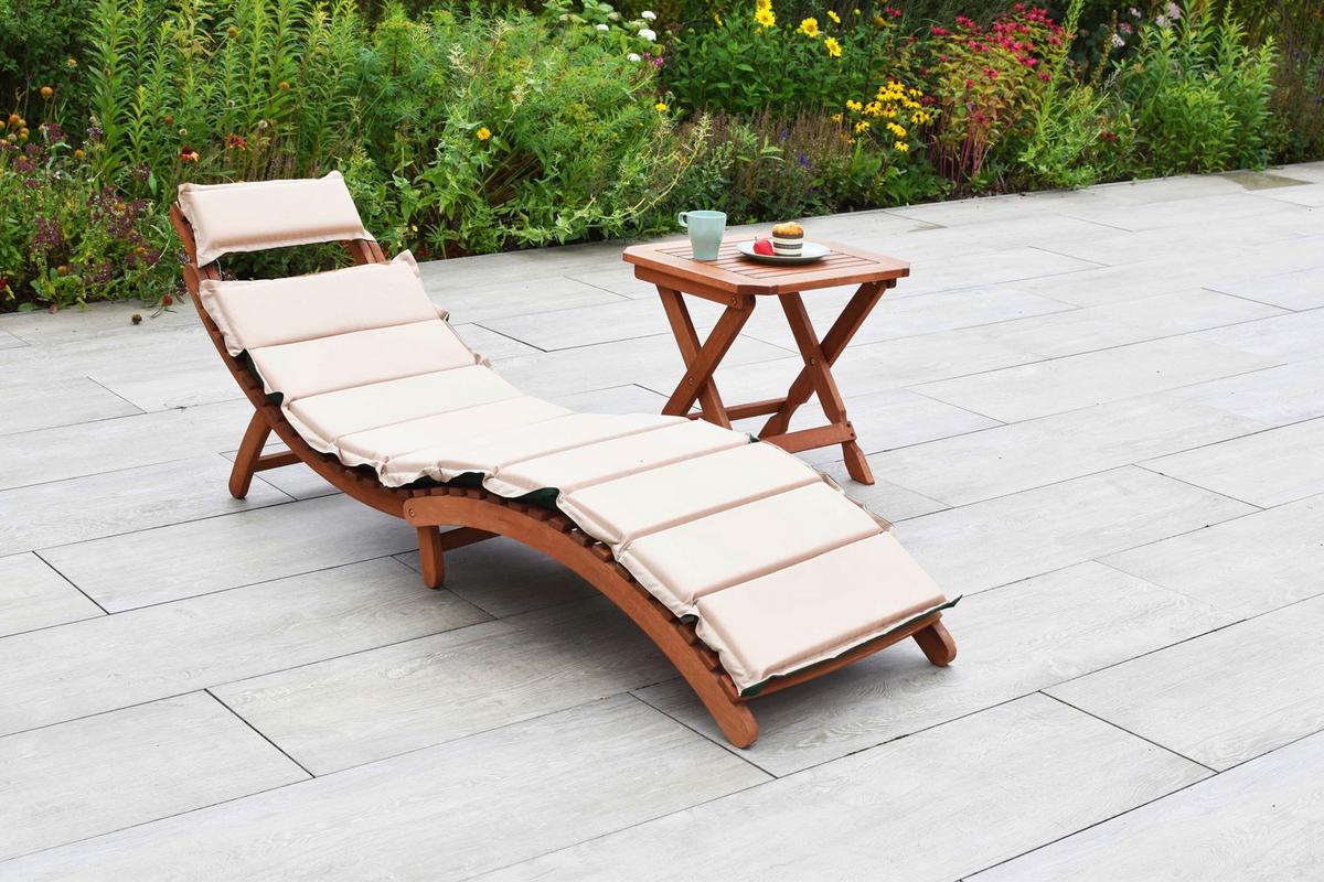 Gartenliege Holz inkl. Auflage Grün - Eukalyptusholzfarben/Beige, KONVENTIONELL, Holz/Textil - Gardenson