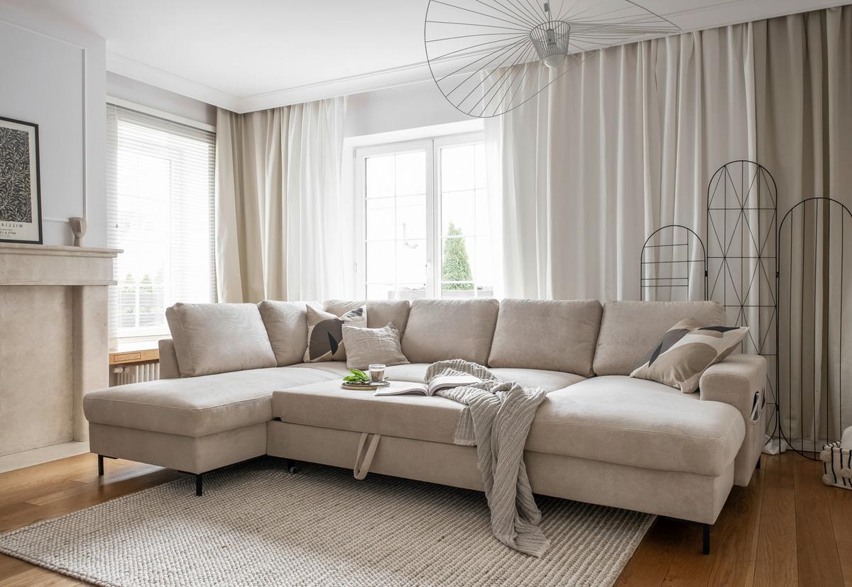 Sedačka LEONIE U, levá, béžový manšestr - černá/béžová, Design, kov/dřevo (197/303/148cm)