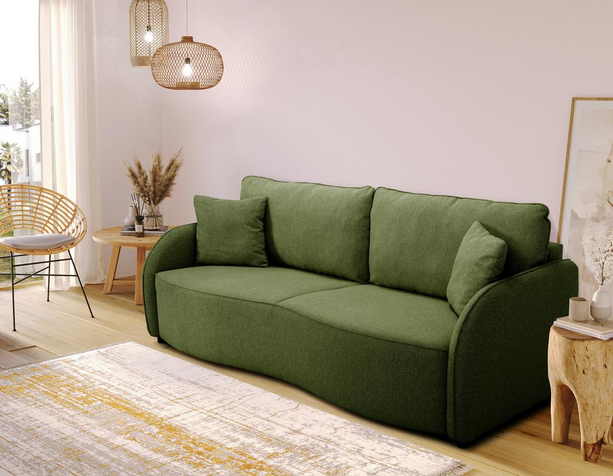 Schlafsofa Bari mit Bettkasten olivgrün, 215x100cm - Schwarz/Olivgrün, KONVENTIONELL, Holz/Holzwerkstoff (215/100cm)