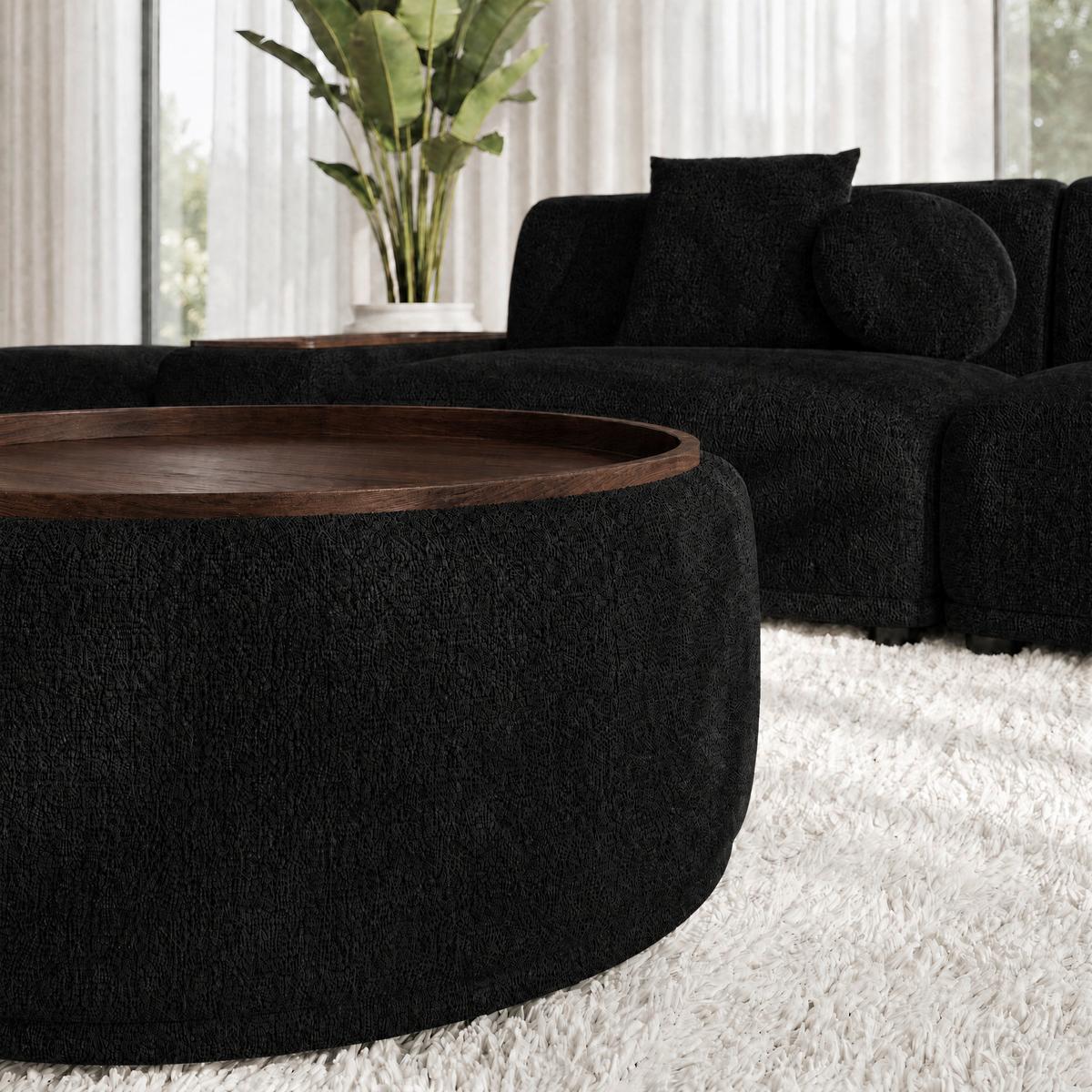 Rohová sedačka KIRA, čierna ženilka, so stolíkom - čierna, Modern, drevo/textil (408/108cm) - Bessagi Home