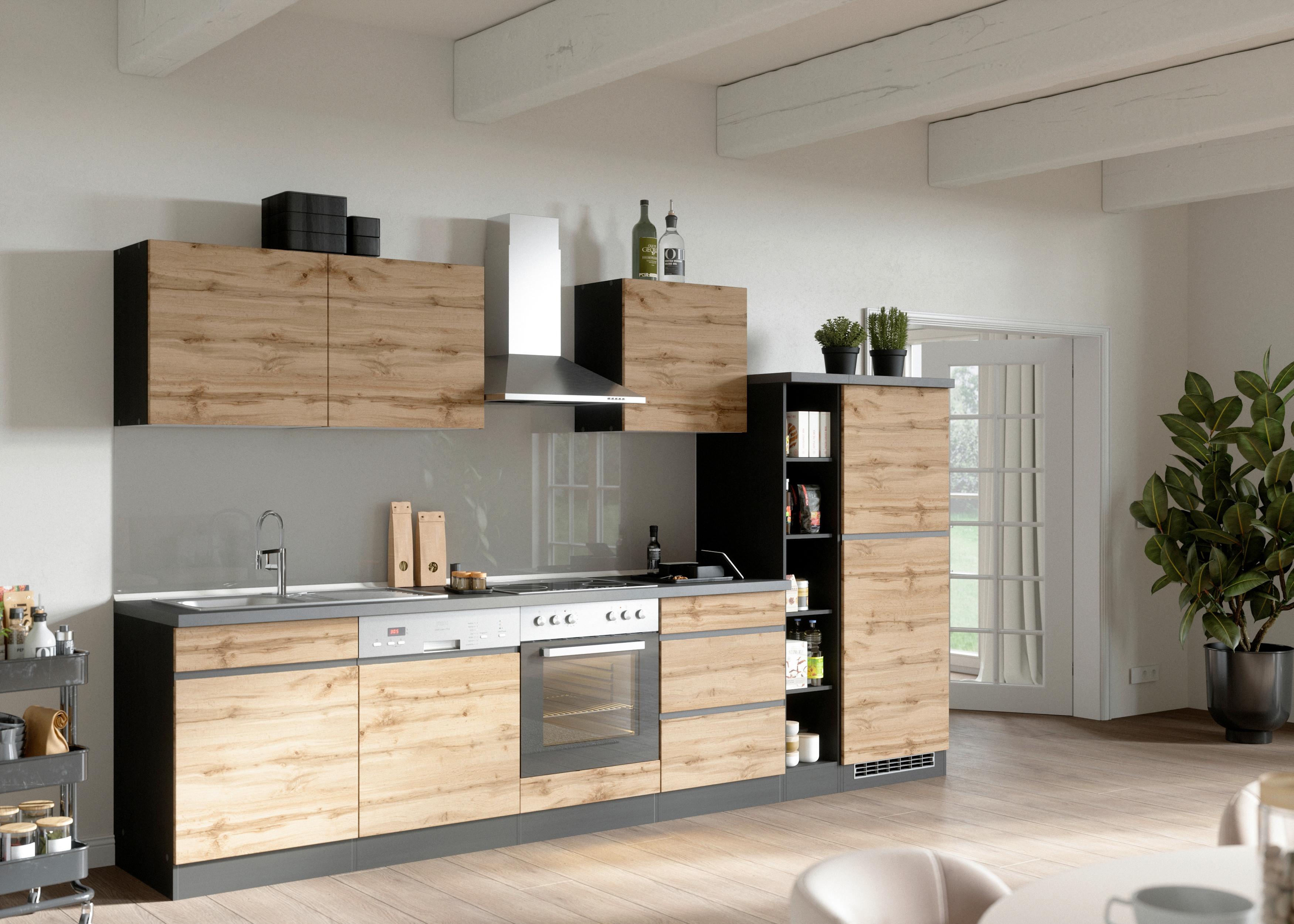 Küchenzeile Turin mit Geräten B: 330 cm Graphitfarben/Eiche - Eiche Wotan/Graphitfarben, Design, Holzwerkstoff (330cm) - Held
