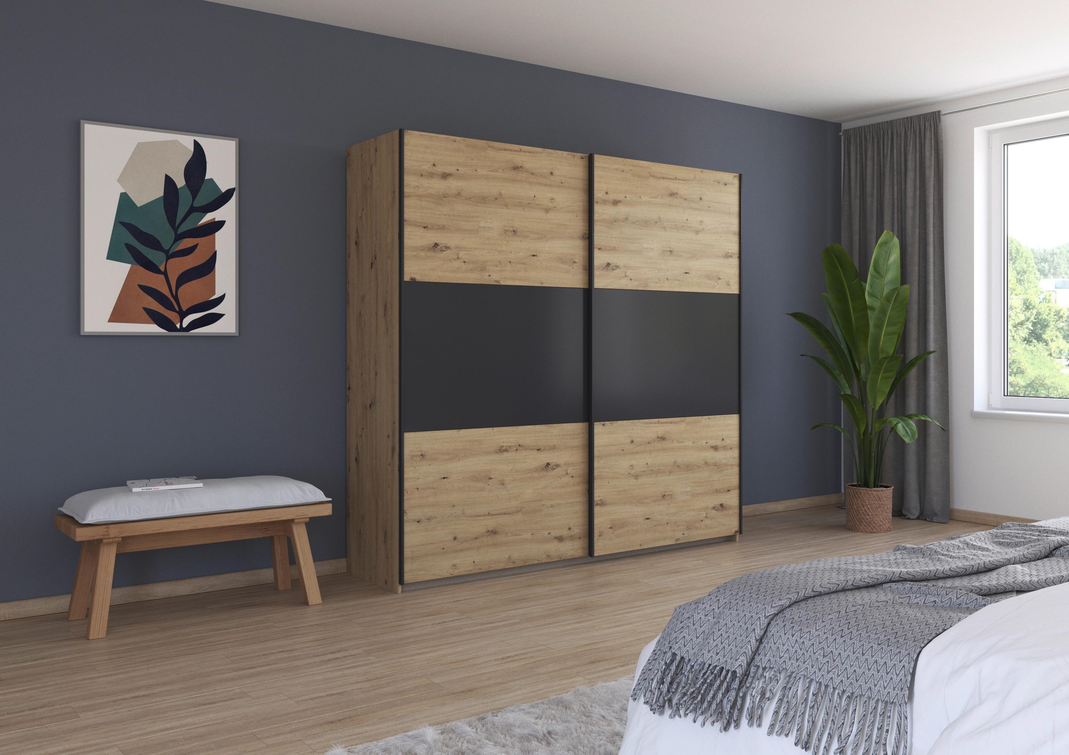 Schwebetürenschrank Neo Grau Eiche Artisan Dekor - Alufarben/Eiche Artisan, MODERN, Holzwerkstoff (218/210/59cm) - Rauch Möbel