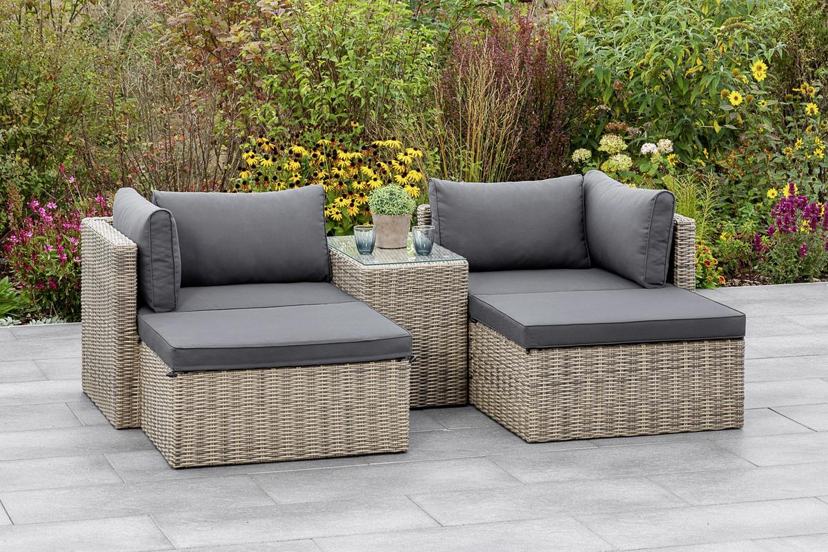 Loungegarnitur 4-Tlg. Licosa Metall/Kunststoff/Glas/Textil - Dunkelgrau/Grau, KONVENTIONELL, Glas/Kunststoff (88/65/68cm) - Gardenson