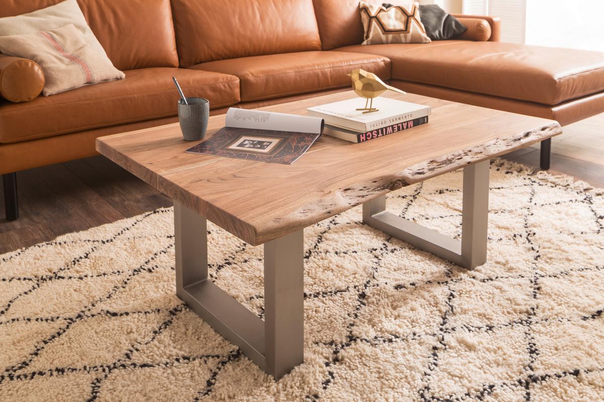 Couchtisch Holz Massiv Cartagena Akazie/Edelstahlf. - Edelstahlfarben/Akaziefarben, MODERN, Holz/Metall (110/45/70cm)