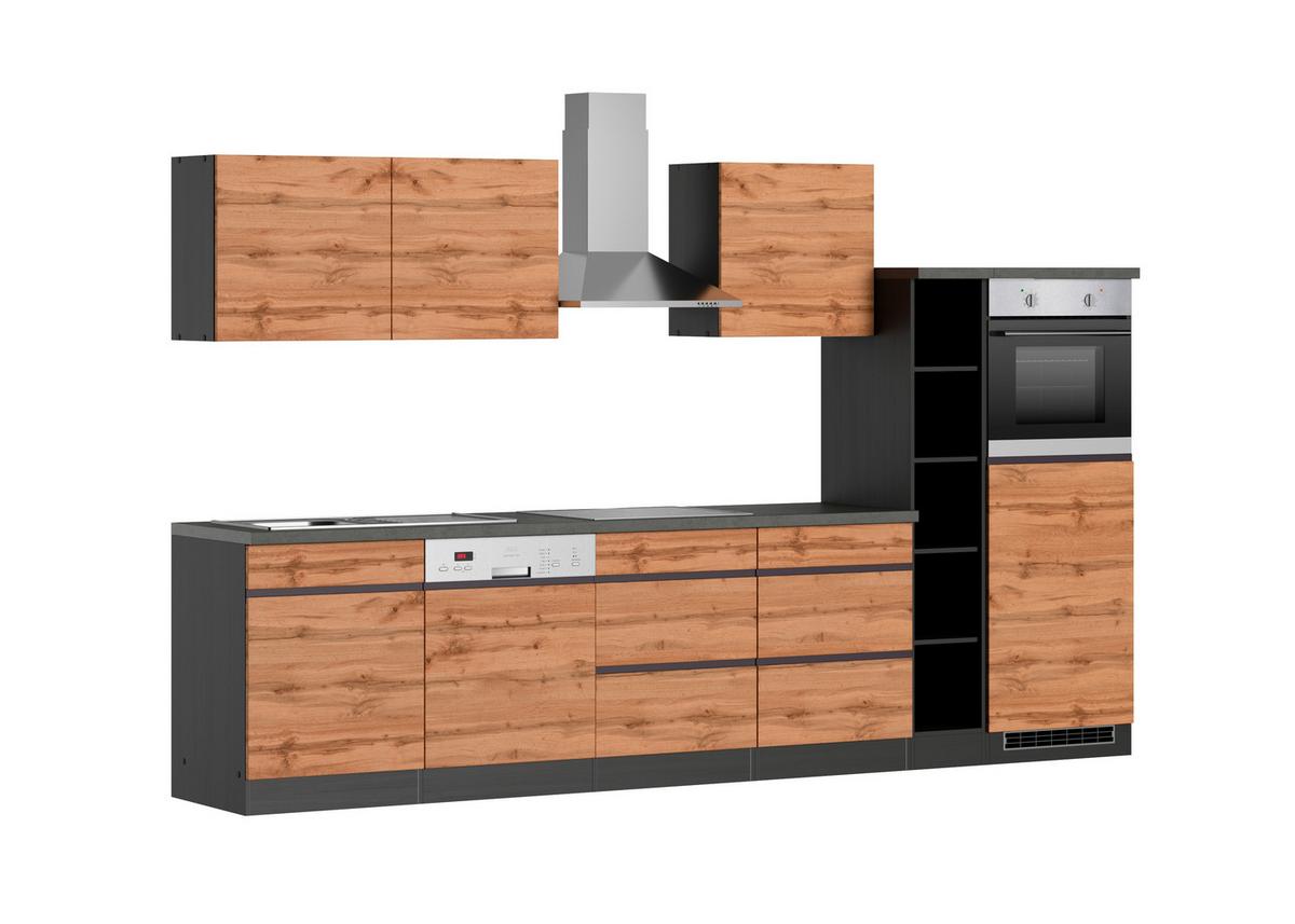 Küchenzeile Turin mit Geräten B: 330 cm Graphit/Eiche Dekor - Eiche Wotan/Graphitfarben, Design, Holzwerkstoff (330cm) - Held