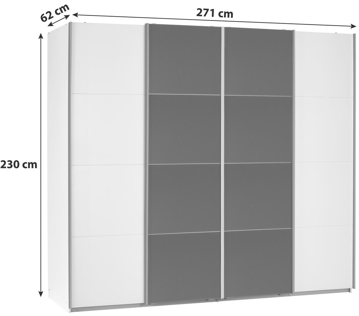 Schwebetürenschrank Mit Glas 271cm Bensheim, Weiß/basalt - Dunkelgrau/Eichefarben, MODERN, Glas/Holzwerkstoff (271/230/62cm) - James Wood