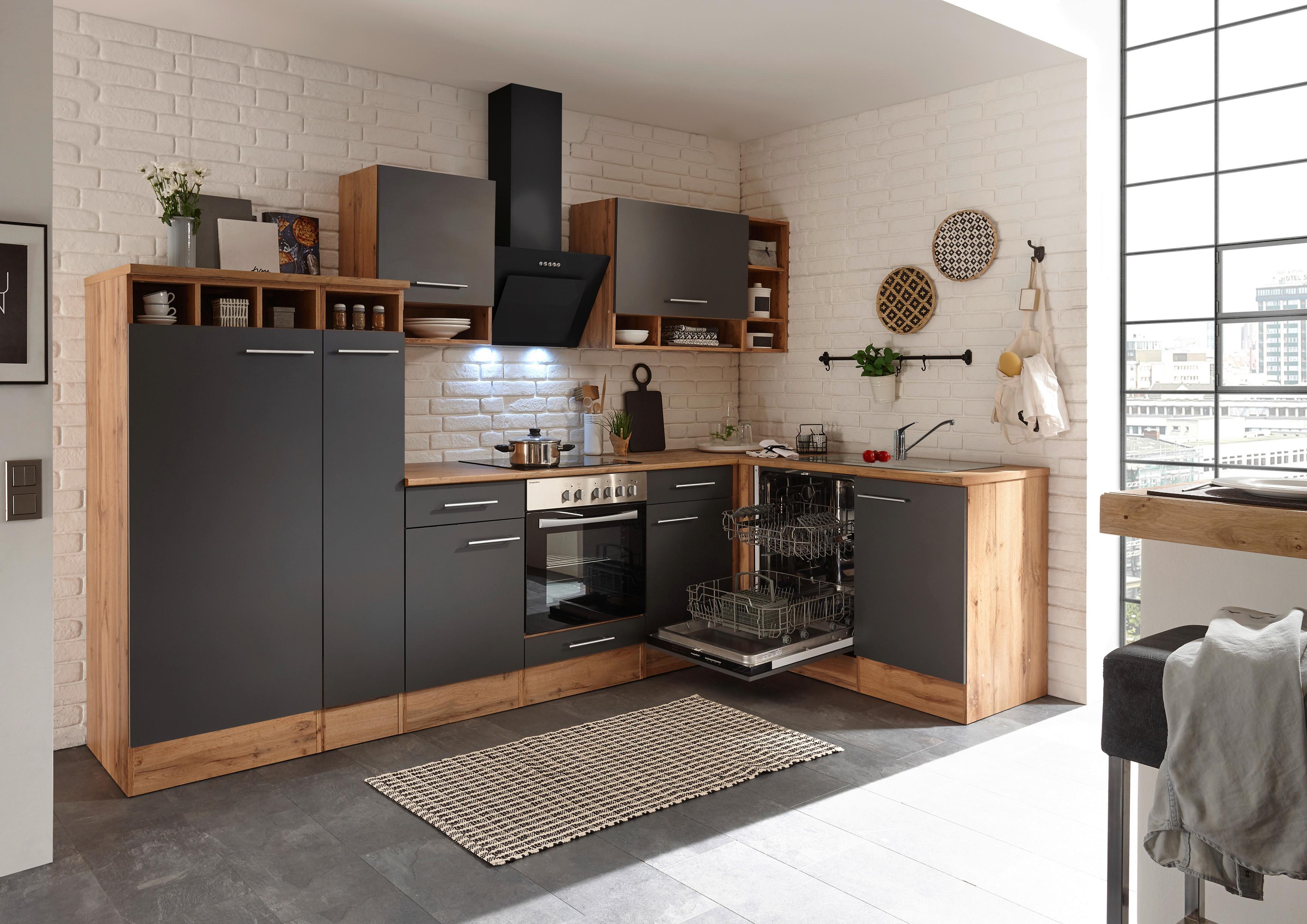 Eckküche Economy mit Geräten 310x172 cm Grau/Eiche Dekor - Wildeiche/Grau, Basics, Holzwerkstoff (310/172cm) - Respekta