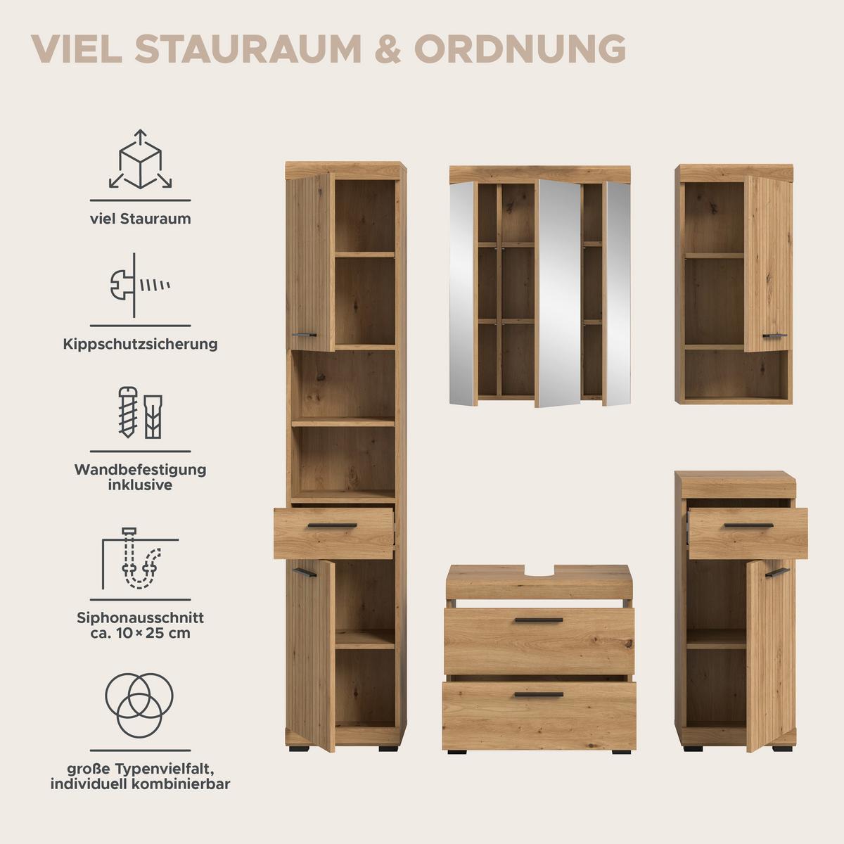 Badezimmer Scout Eiche Artisan Dekor B: 134cm - Schwarz/Eiche Artisan, Trend, Glas/Holzwerkstoff (134cm) - MID.YOU