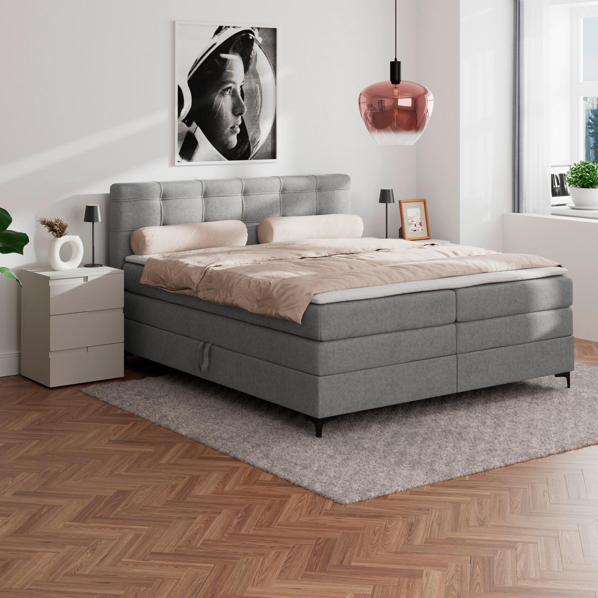 Boxspringbett MITTO Grau 160x200 cm - Schwarz/Grau, KONVENTIONELL, Textil/Metall (160/200cm)