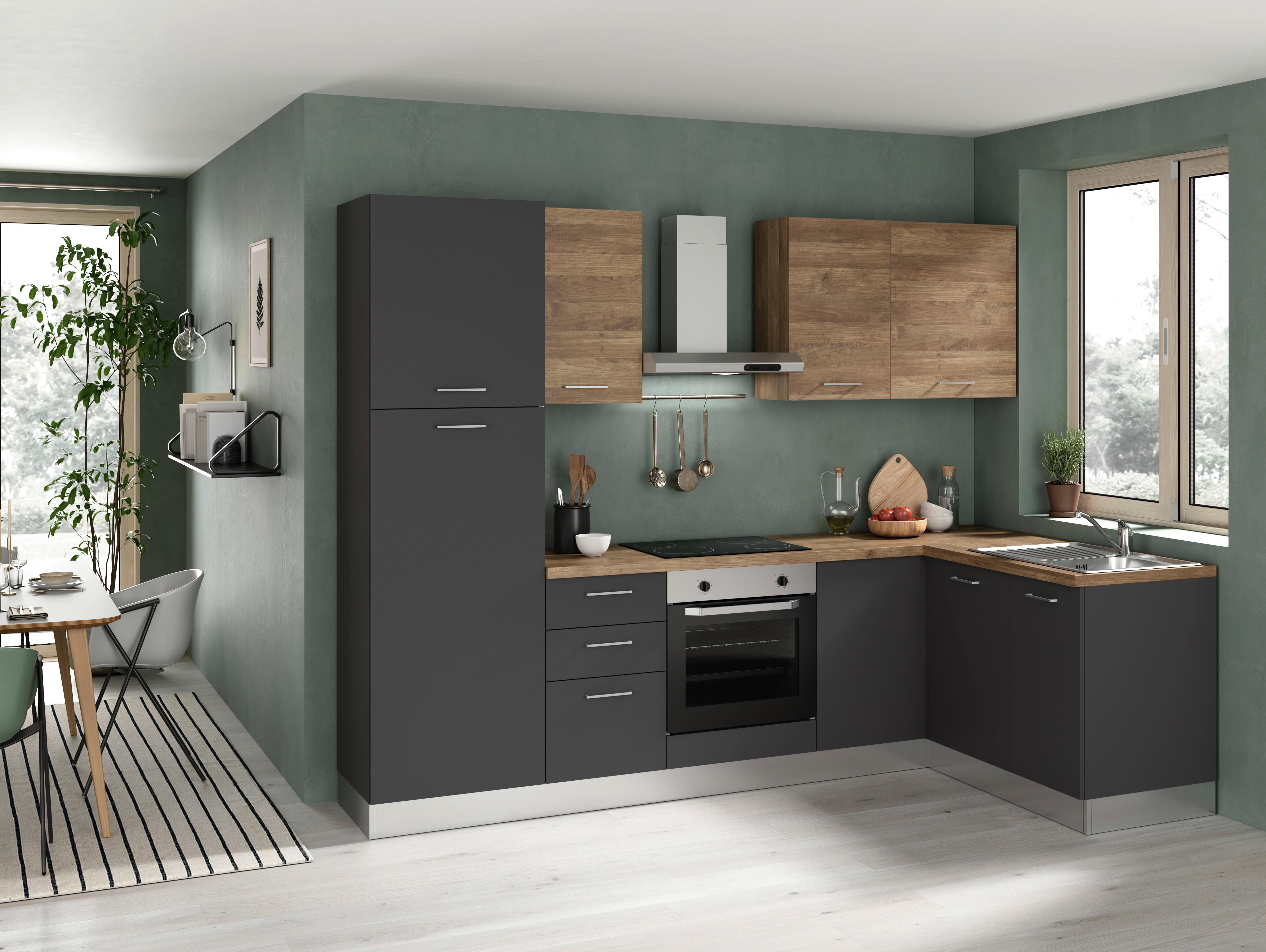 Eckküche Freia mit Kühlschrank 270x165 cm Anthrazit/Nussbaum - Edelstahlfarben/Anthrazit, LIFESTYLE, Holzwerkstoff/Kunststoff (270/165cm) - MID.YOU