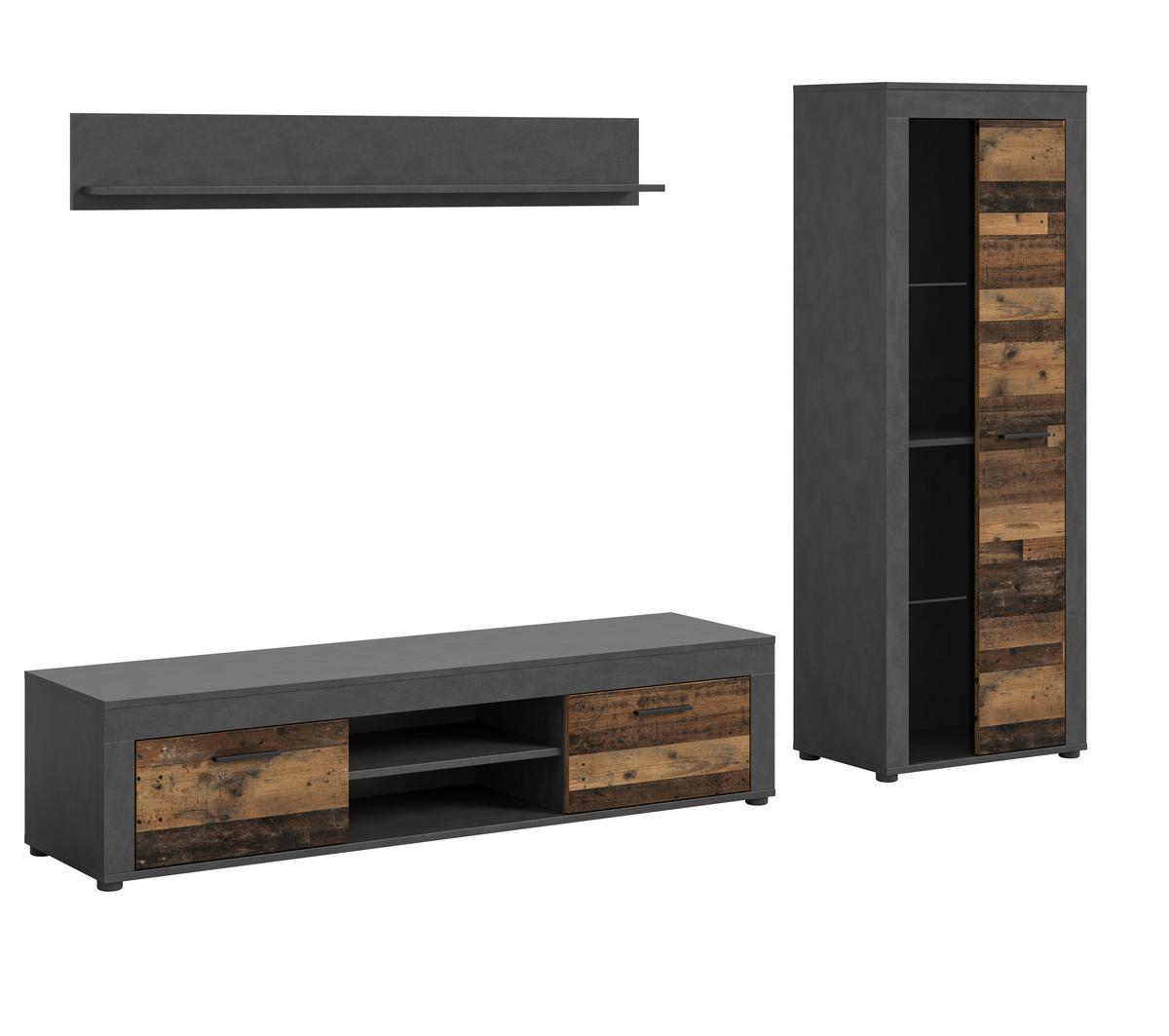 Wohnwand Jam Grau/Naturfarben B: 159 cm - Schwarz/Naturfarben, Design, Glas/Holzwerkstoff (159/235/35cm) - MID.YOU