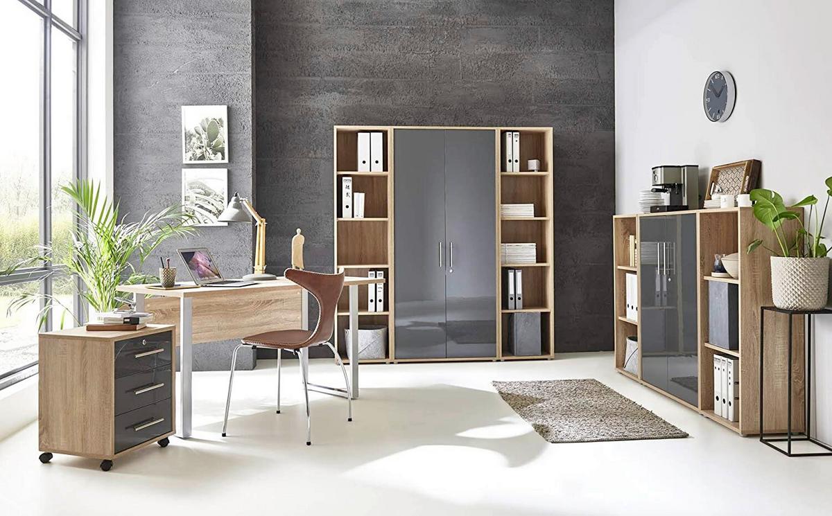 Büro Office Edition Eiche Dekor/anthrazit Hg - Anthrazit Hochglanz/Sonoma Eiche, MODERN, Holzwerkstoff/Metall - MID.YOU