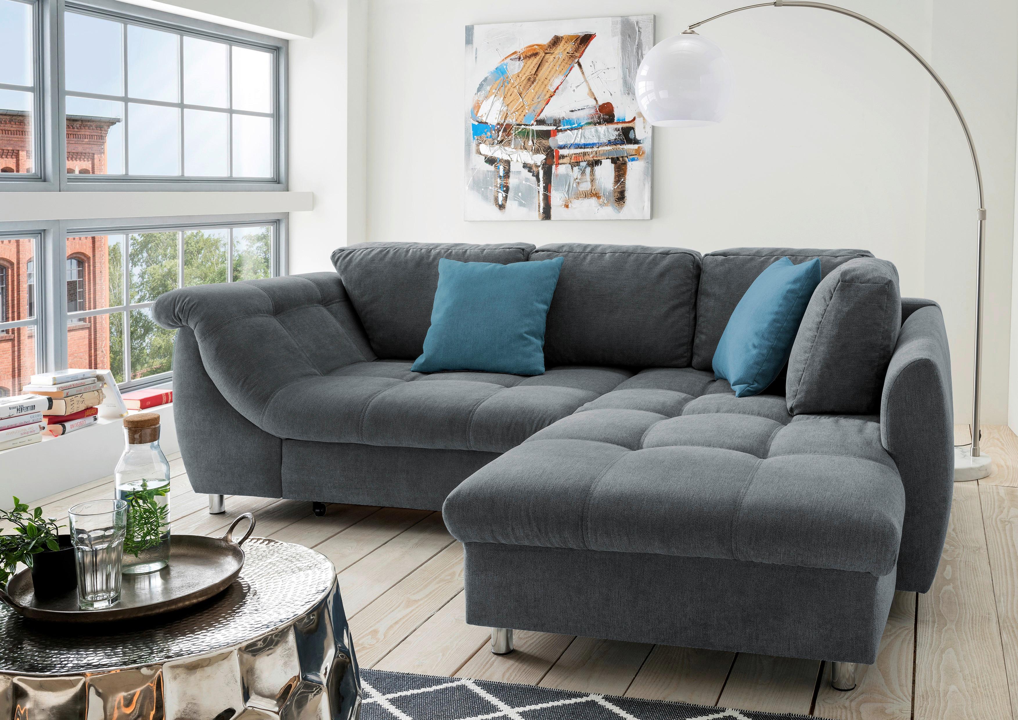 Ecksofa mit Schlaffunktion Agira Anthrazit/Blau 250x190cm - Blau/Chromfarben, Design, Textil (250/190cm) - Livetastic