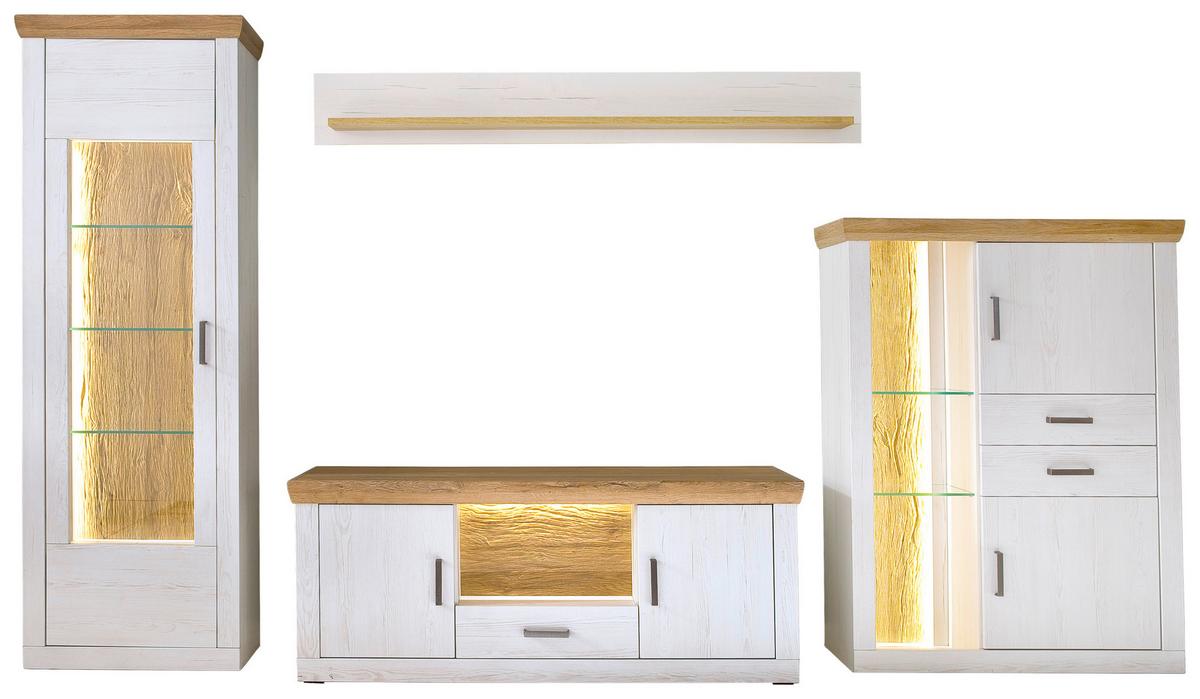 Wohnkombination 4-Tlg. Madrid Eiche-/Pinienfarben - Eichefarben/Schwarz, Design, Glas/Holzwerkstoff (351/205/50cm) - MID.YOU