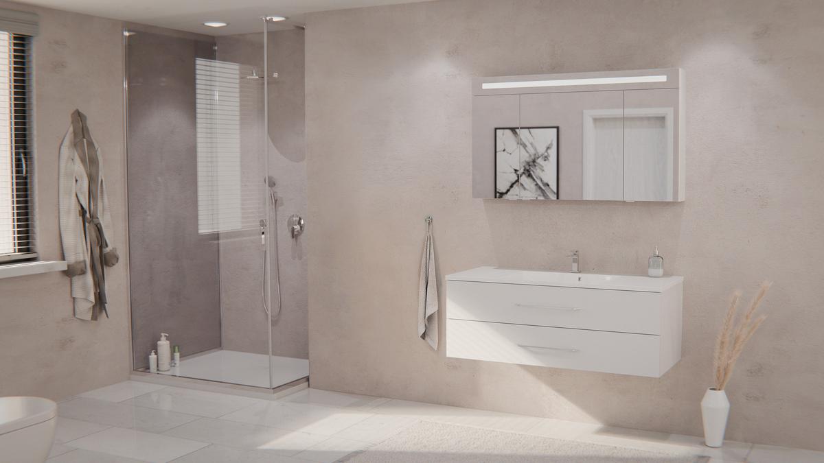 Badezimmer Clever Weiß/Weiß Hg B: 120cm - Weiß Hochglanz/Weiß, MODERN, Glas/Holzwerkstoff (120/118,9/45,7cm) - MID.YOU