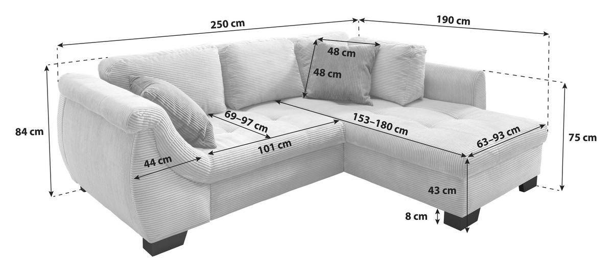 Ecksofa mit Schlaffunktion Flora Blau Kord - Blau/Silberfarben, Design, Textil (250/190cm) - MID.YOU