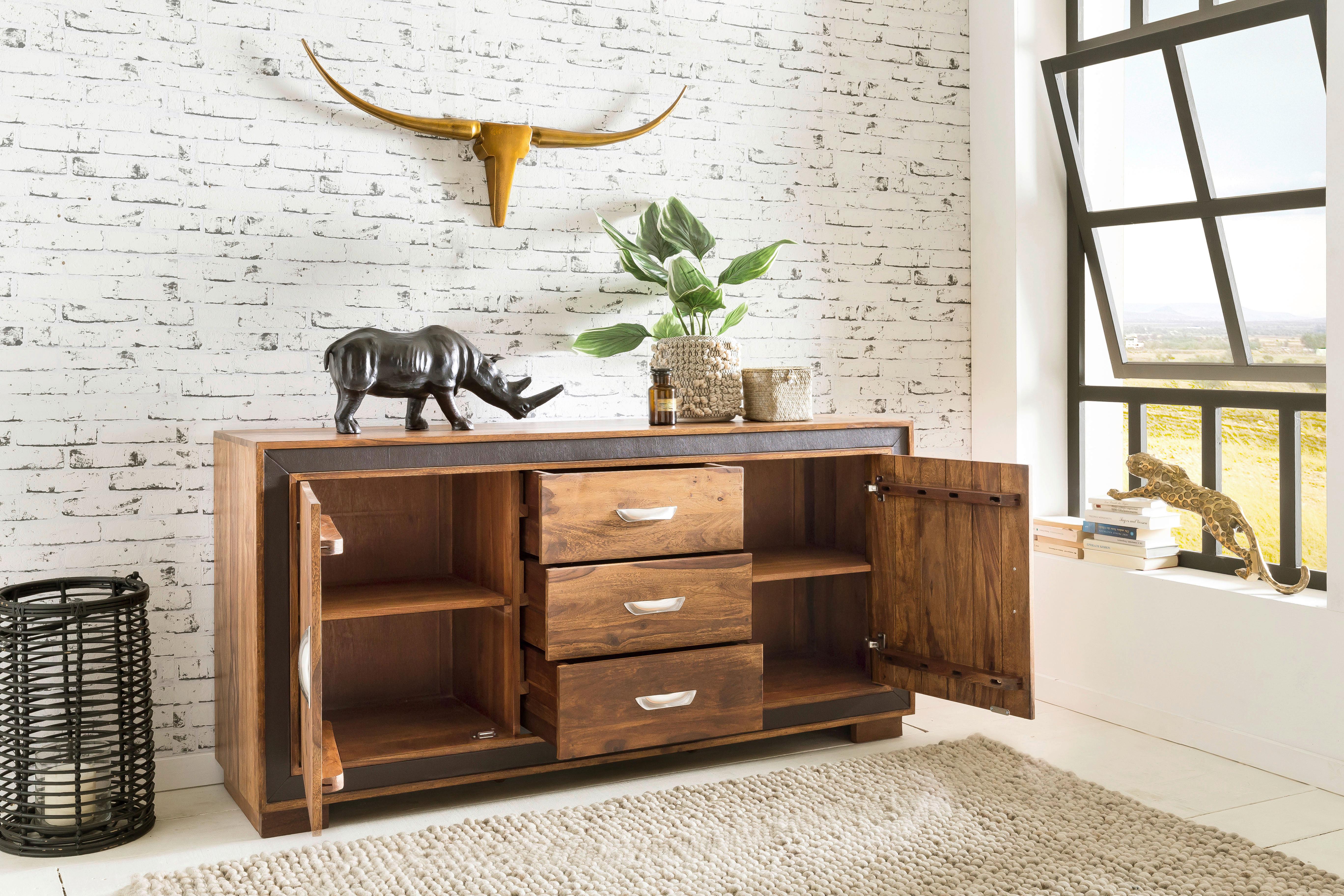 Sideboard 160 cm Sheesham, Sheeshamfarben - Sheeshamfarben/Schwarz, Design, Holz/Textil (160/80/44cm) - MID.YOU