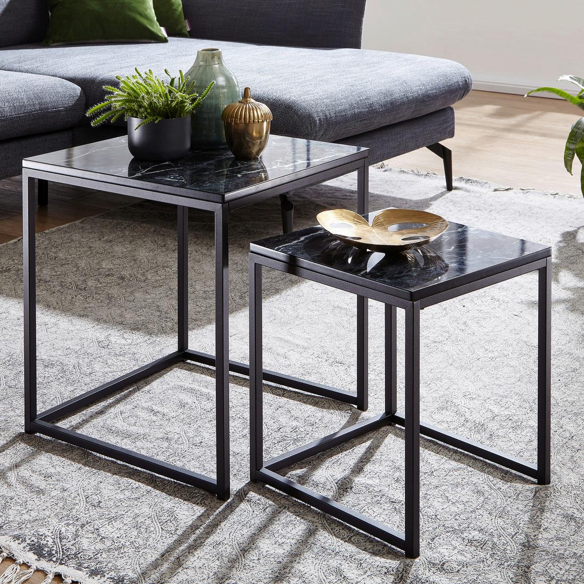 Beistelltisch 2er-Set In Marmoroptik, Schwarz - Schwarz, KONVENTIONELL, Holzwerkstoff/Metall (45/45/50cm) - MID.YOU