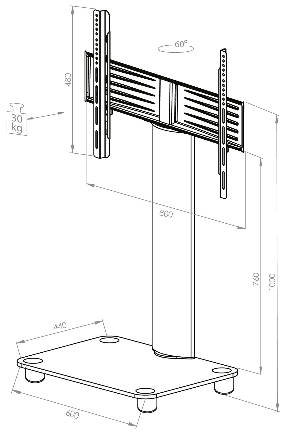 TV-Rack Bis 70" Schwenkbar mit Rollen Tosal Max. 30 Kg - Silberfarben/Schwarz, KONVENTIONELL, Glas/Metall (60/100/44cm) - MID.YOU