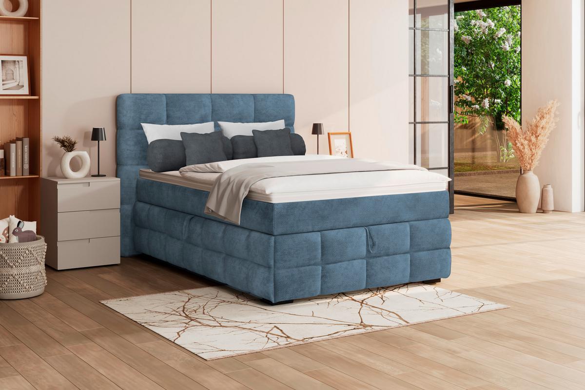 Čalúnená posteľ VEGA 140x200 cm, modrá - modrá/čierna, Trend, drevo/textil (140/200cm)