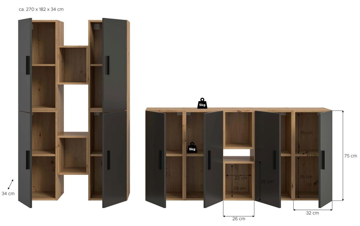 Wohnwand, The One 5, B: 270 cm Grau/Artisan Eiche Dekor - Schwarz/Eiche Artisan, Trend, Holzwerkstoff (270/182/34cm)