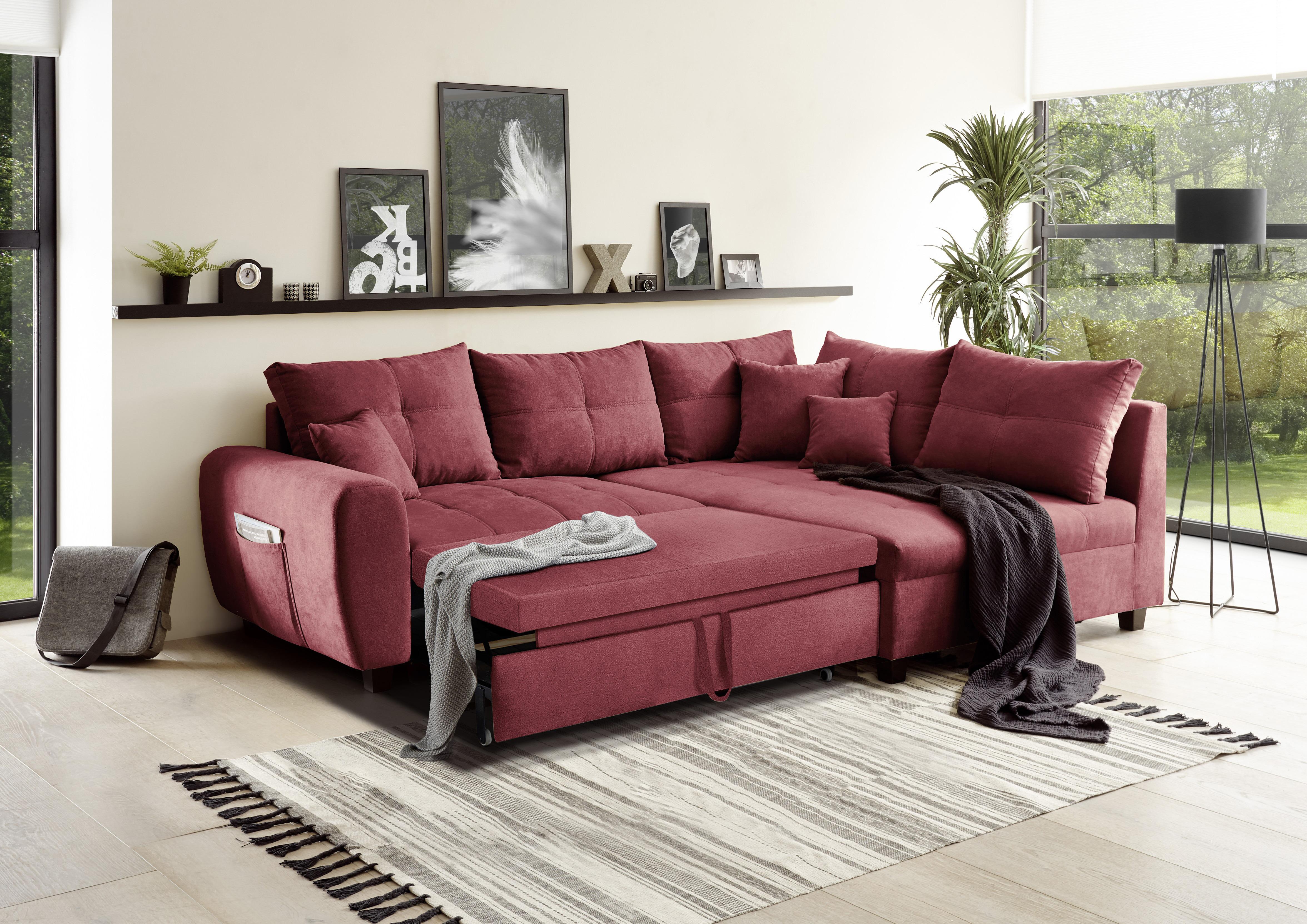 Ecksofa Mit Schlaffunktion + Kissen Lea, Polyester-Nylon - Beere/Schwarz, Basics, Holzwerkstoff/Textil (248/176cm) - MID.YOU