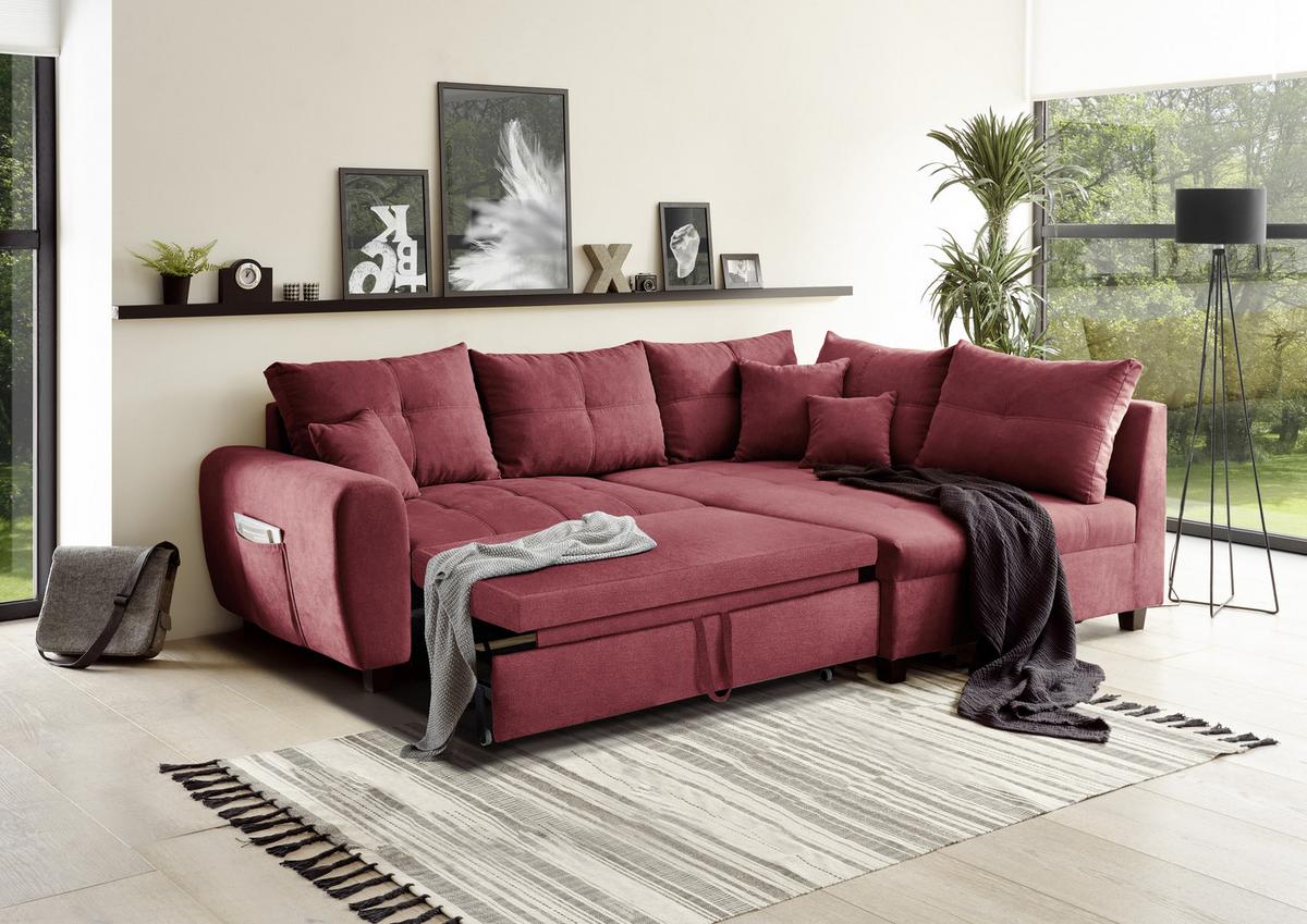 Ecksofa Mit Schlaffunktion + Kissen Lea, Polyester-Nylon - Beere/Schwarz, Basics, Holzwerkstoff/Textil (248/176cm) - MID.YOU