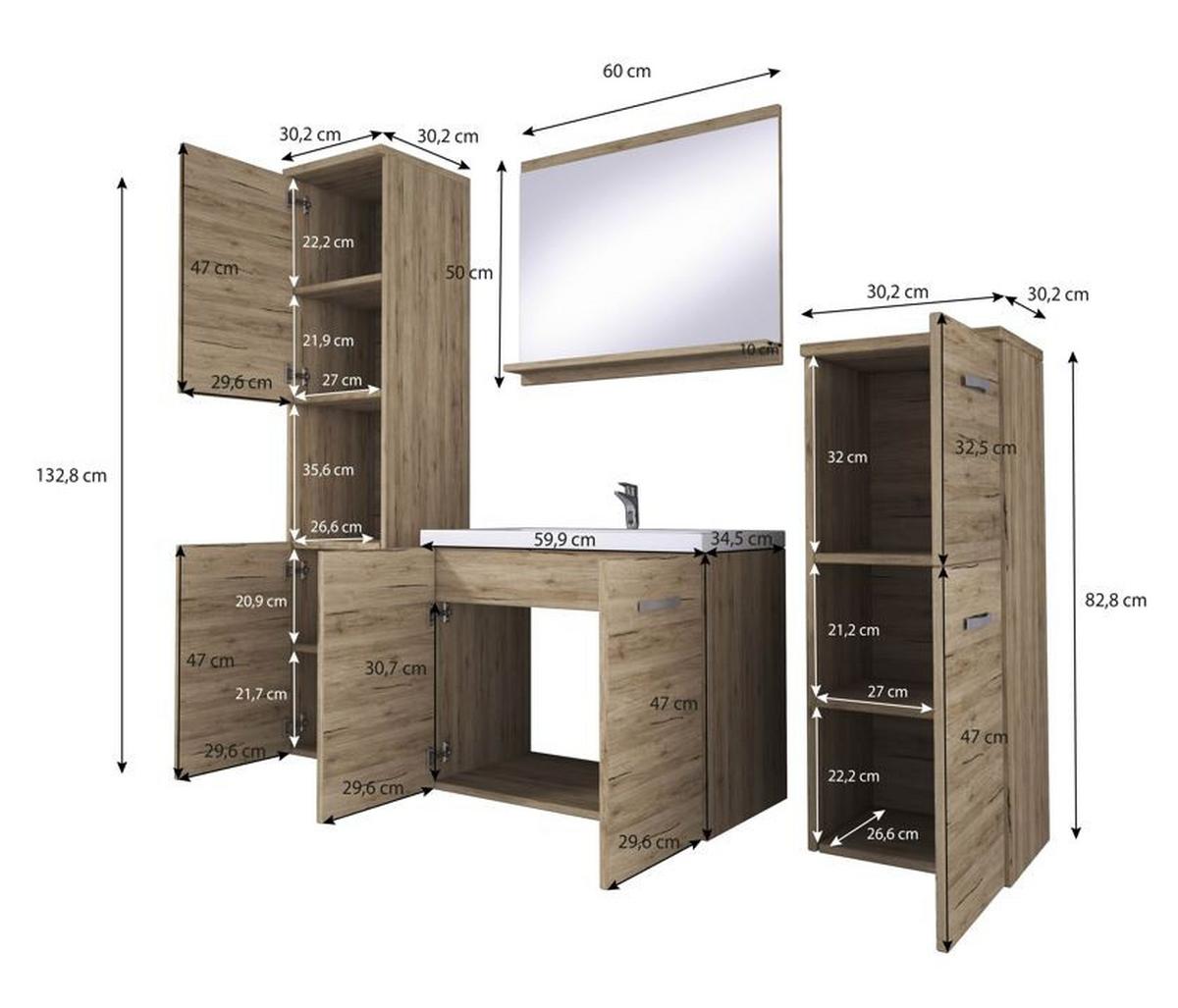 Kúpeľňa 5 dielna sada, farby duba - biela/farba duba, Lifestyle, kov/kompozitné drevo (120cm) - P & B