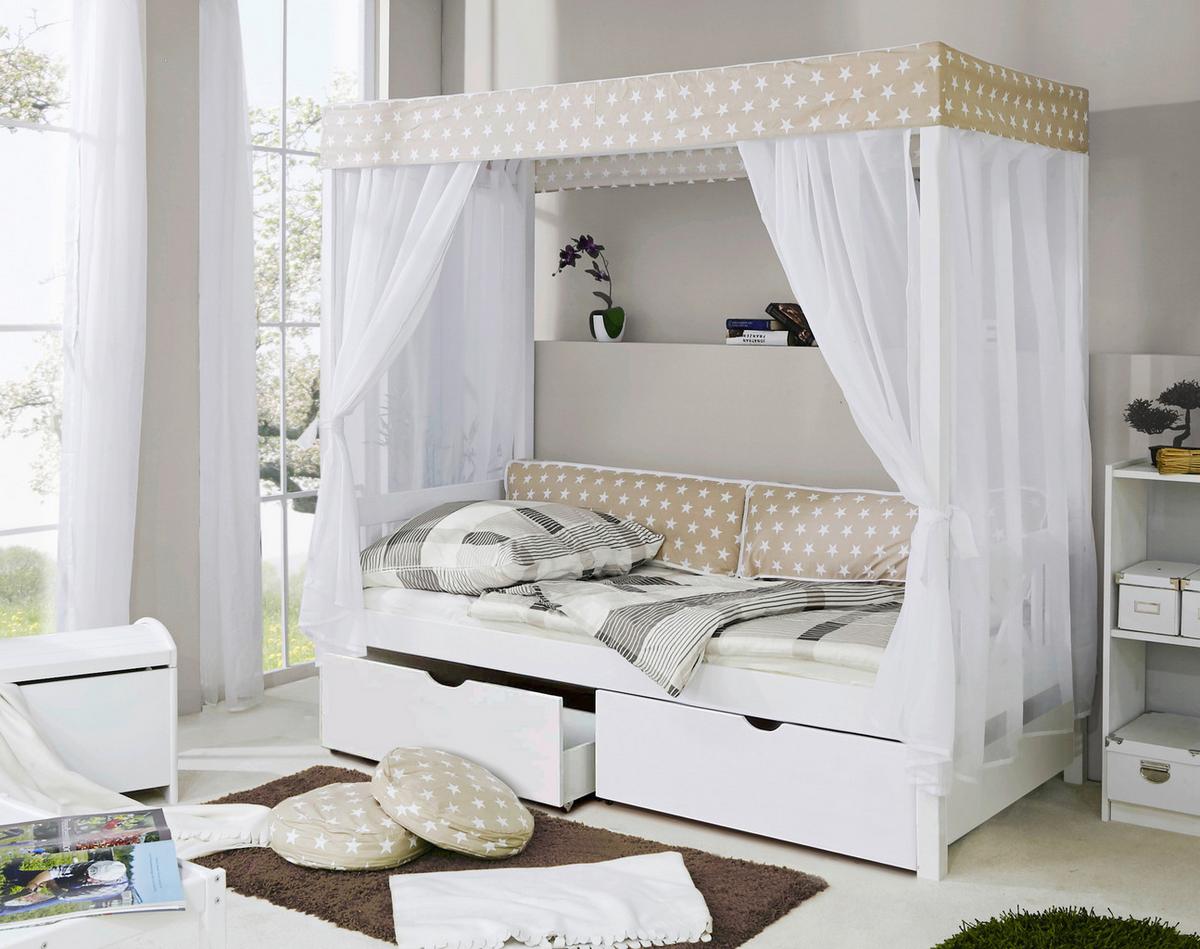 Posteľ s nebesami LINO záves béžovo-biely - biela/béžová, Modern, drevo (90/200cm) - MID.YOU