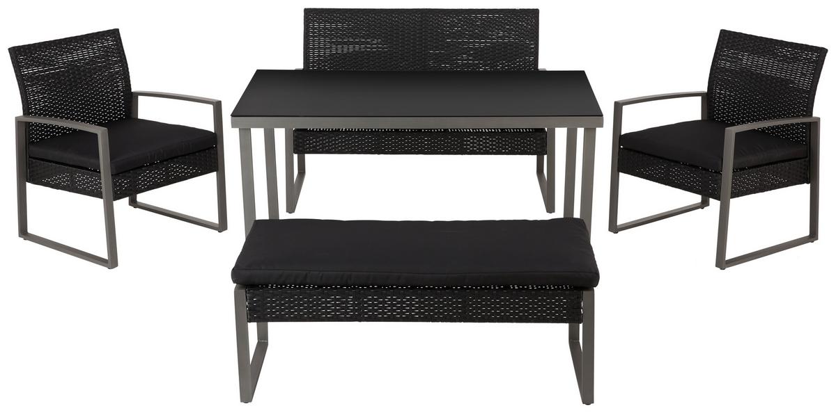 Loungegarnitur 5-tlg Elena Aus Stahl + Kunststoff Mit Kissen - Schwarz, MODERN, Glas/Kunststoff - Luca Bessoni
