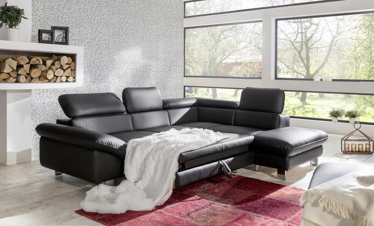 Ecksofa Mit Schlaffunktion Driver Schwarz Lederlook - Chromfarben/Schwarz, MODERN, Textil (266/214cm) - MID.YOU