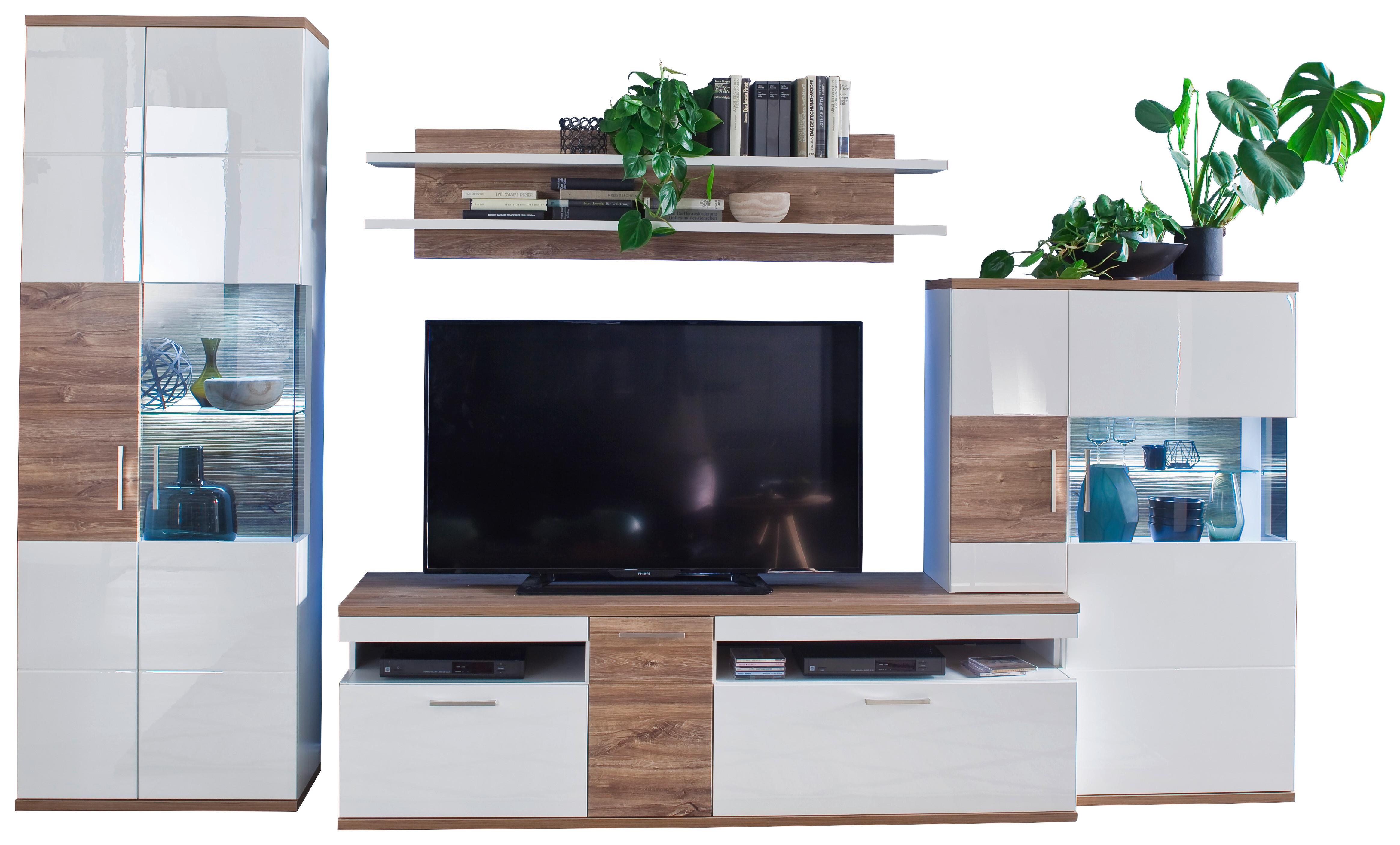 Wohnkombination 4-Tlg. Luzern Weiß/Eichefarben - Eichefarben/Weiß, Design, Glas/Holzwerkstoff (320/199/50cm) - Livetastic