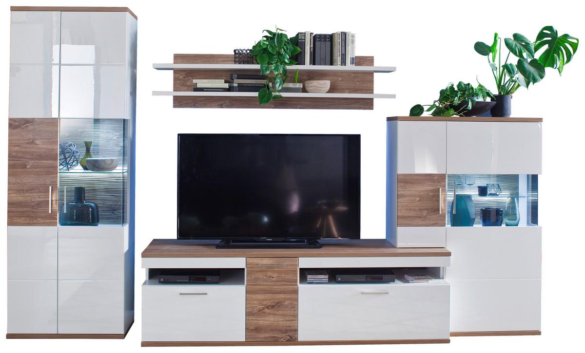 Wohnkombination 4-Tlg. Luzern Weiß/Eichefarben - Eichefarben/Weiß, Design, Glas/Holzwerkstoff (320/199/50cm) - Livetastic