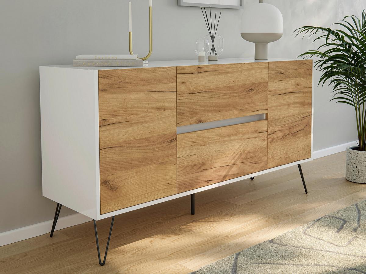Sideboard Posseik Industrial Weiß/Eichefarben B: 139 cm - Eichefarben/Weiß Hochglanz, Design, Holzwerkstoff (139/75,8/42cm) - MID.YOU